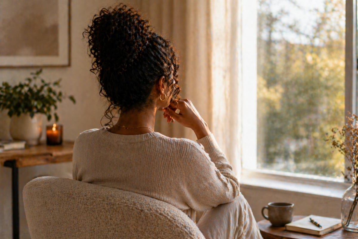 Woman seen from behind with curly updo sitting by window reflecting quietly