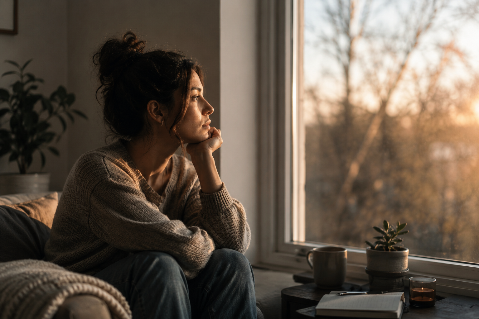 Diverse woman sitting in cozy morning light reflecting on relationship patterns and childhood trauma