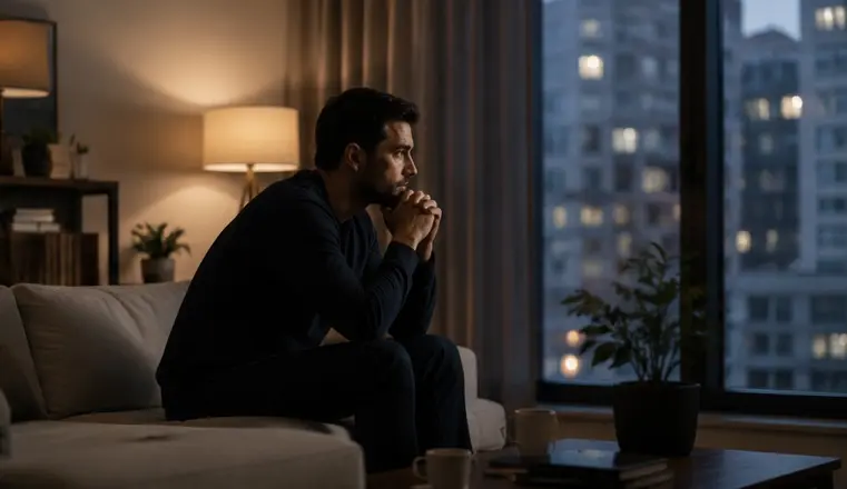 Emotionally disconnected couple in separate rooms modern apartment