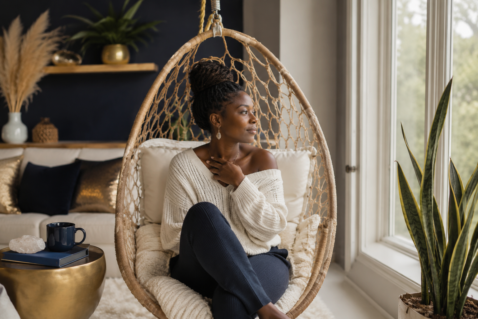 Woman practicing generational healing through emotional regulation and self-soothing at home