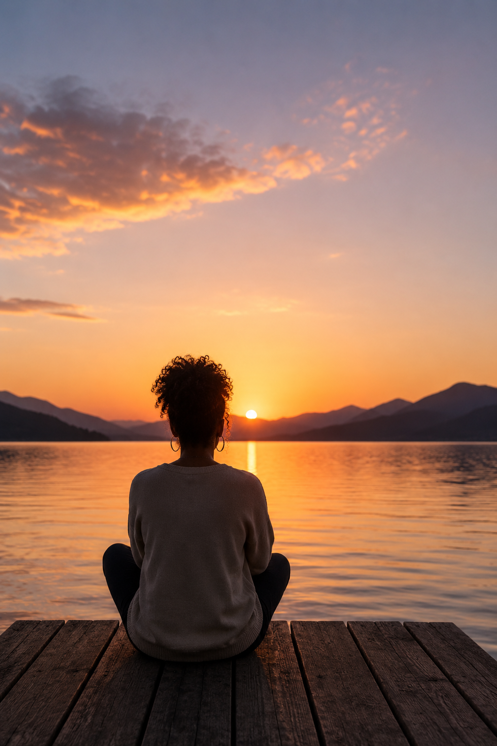 Diverse person sitting by a quiet lake at sunset reflecting on childhood trauma and relationships