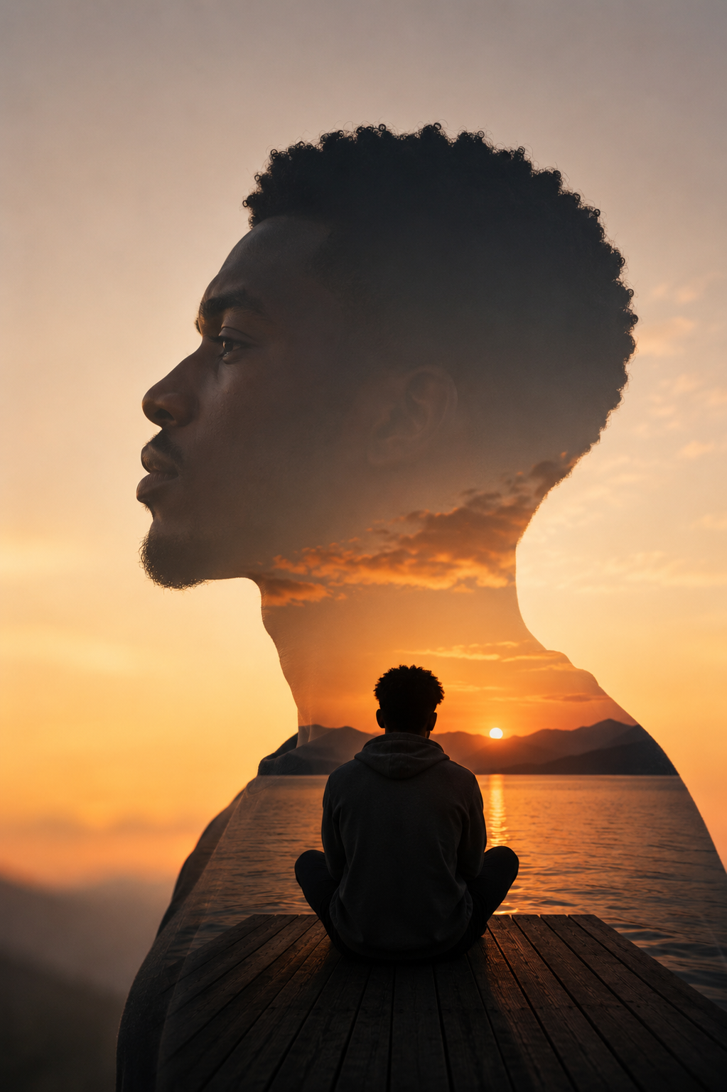 Double exposure portrait showing childhood trauma and relationships through sunset reflection and emotional healing