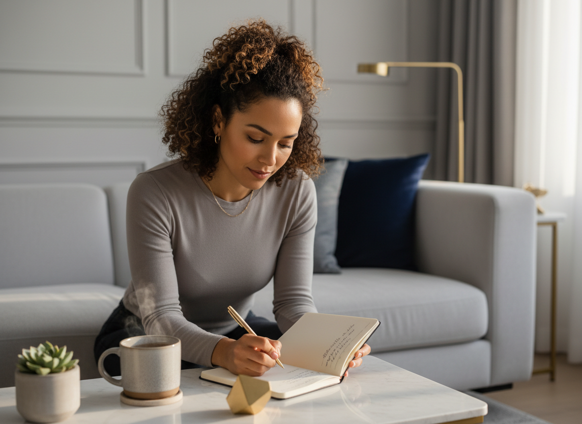 Dating after healing adult journaling about relationship patterns in a calm living room