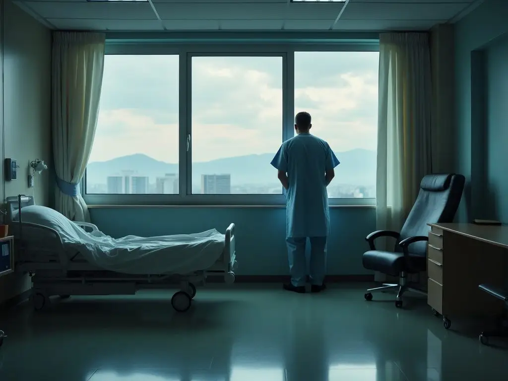 A patient standing and looking out the window in a hospital room.