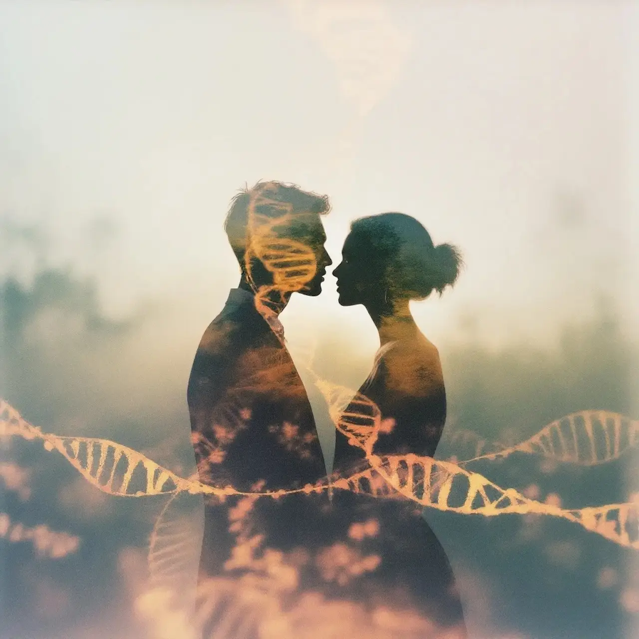 Silhouetted couple facing each other with faint DNA strands overlayed, symbolizing the connection between genetics, intimacy, and human relationships.