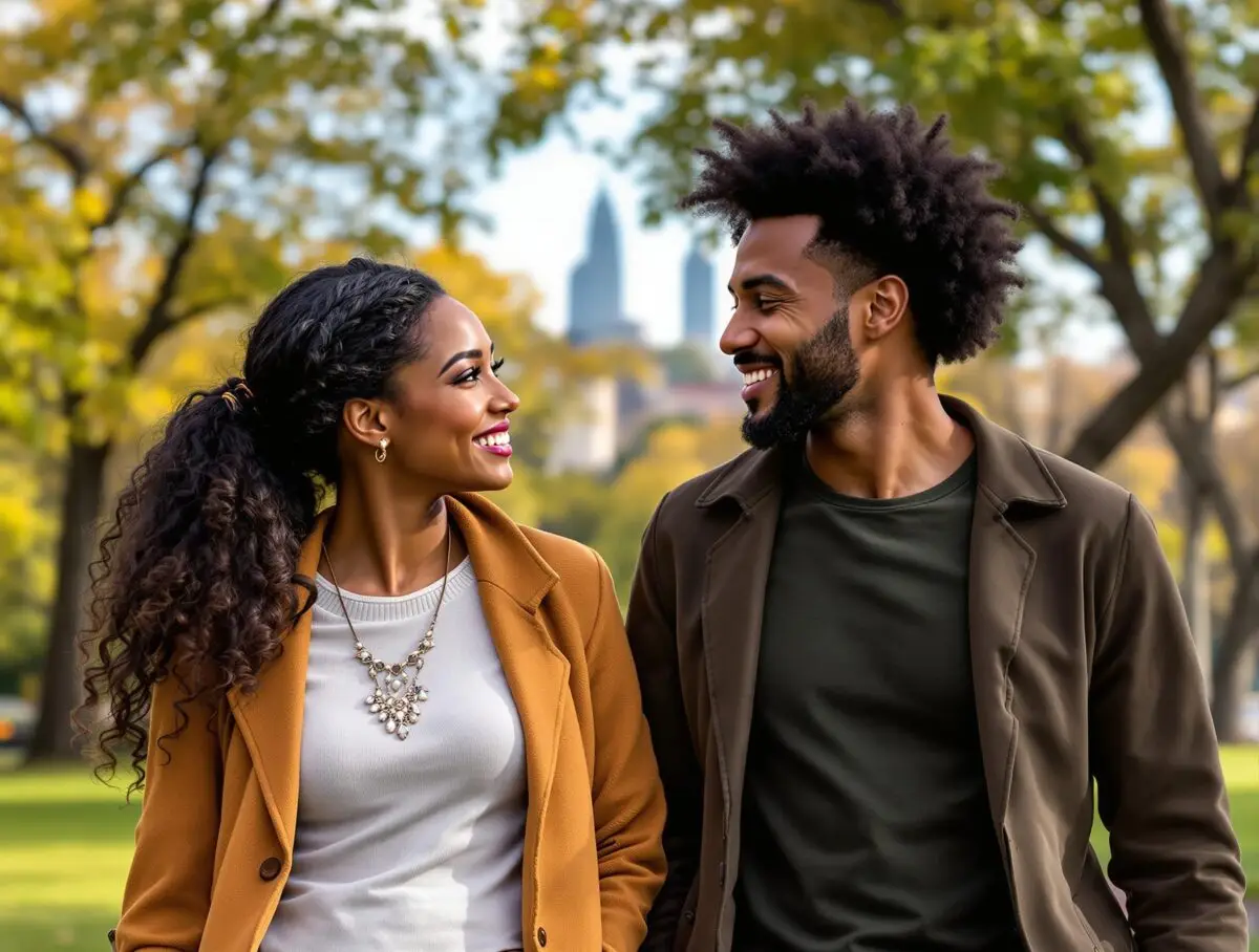 Therapist and client of diverse backgrounds walking together in a leafy park with city skyline in the background.