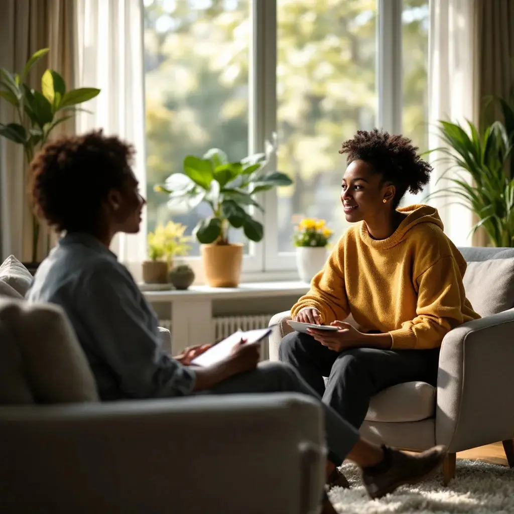 Client and therapist having a thoughtful conversation in a cozy office.