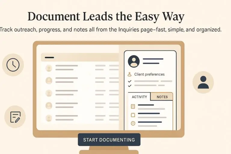 Documenting leads in Inquiries flyout with Activity and Notes tabs highlighted.