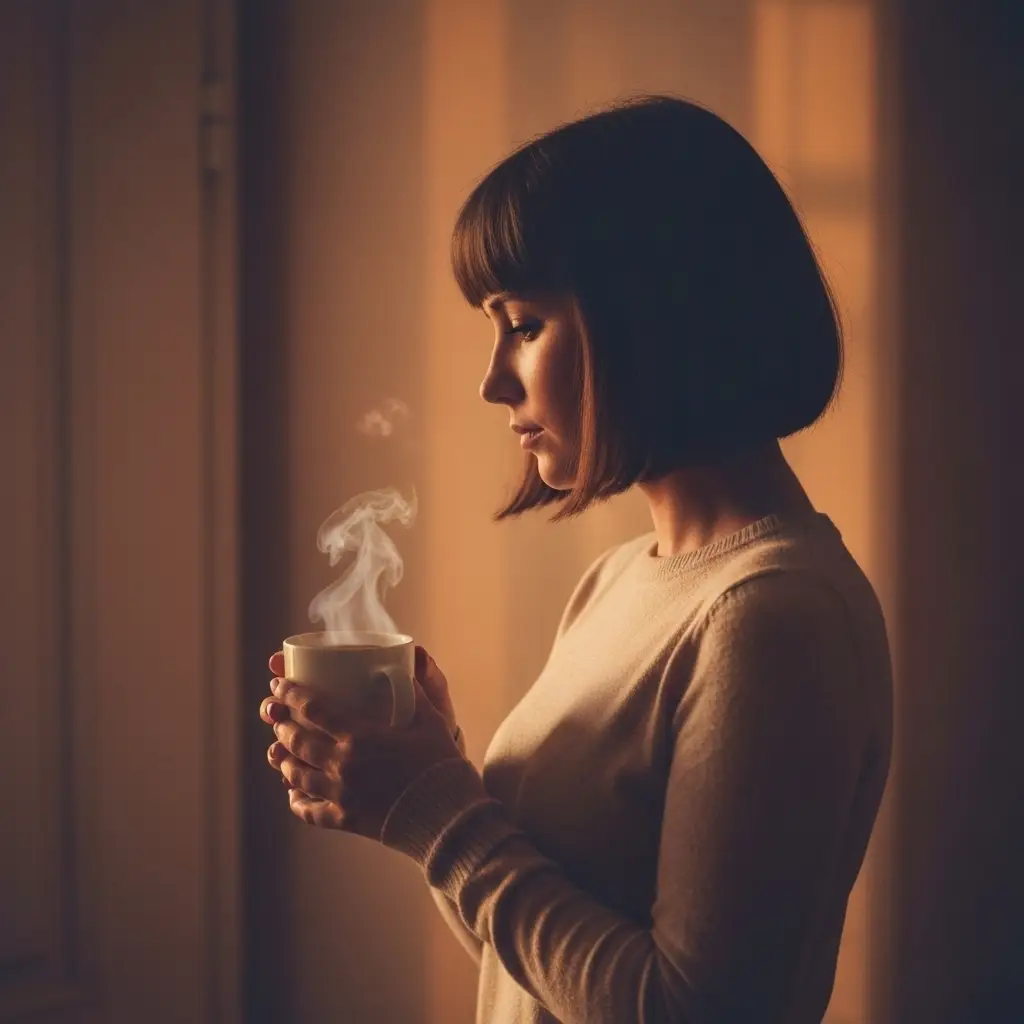 Woman holding a steaming cup of coffee, reflecting quietly in warm evening light.