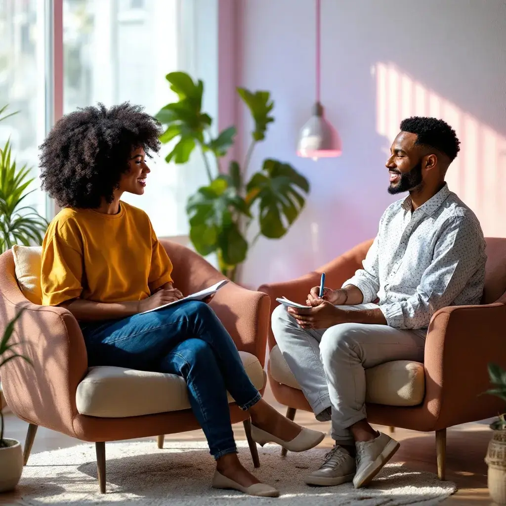 Woman speaking with male therapist in a bright, welcoming therapy office.