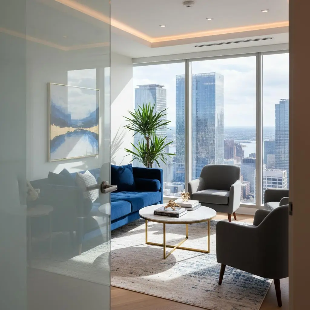 Welcoming modern therapy office with city views