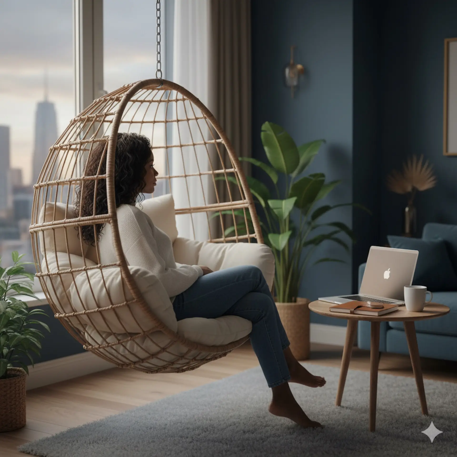 Black woman practicing emotional regulation while relaxing in an indoor eggshell swing.