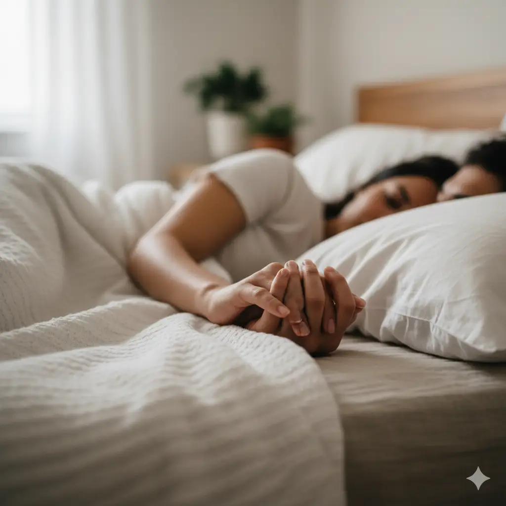 Close-up of a couple in bed holding hands gently under white sheets, with the focus sharp on their hands and the rest of the room soft in the background.