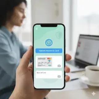 A hand holding a smartphone displaying the Simple Practice interface with an "Upload Insurance Card" button and fields for the front and back of the card.