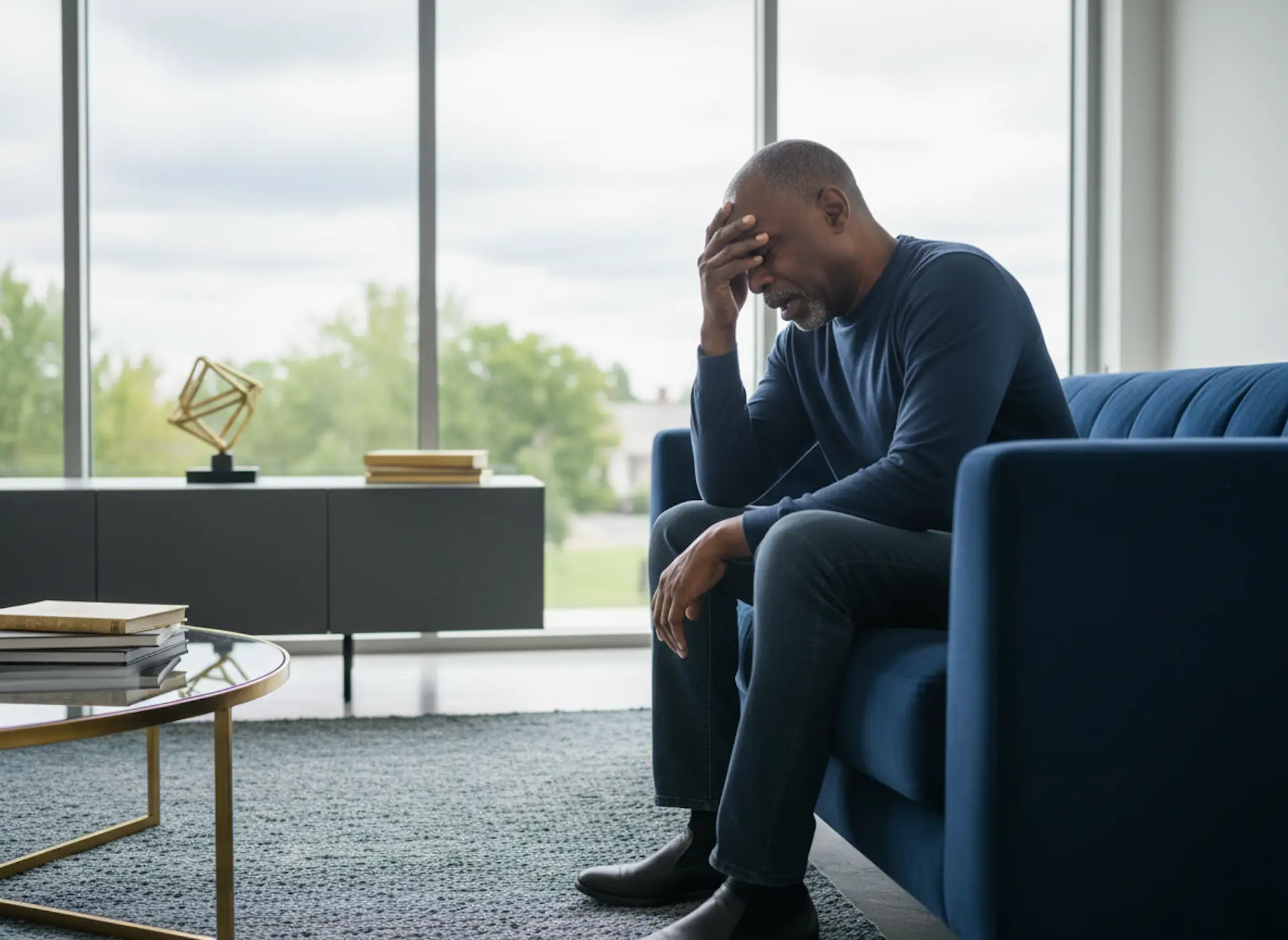 A grieving Black father sitting alone on a sofa with his head in his hand, symbolizing the emotional weight behind supporting grieving parents.