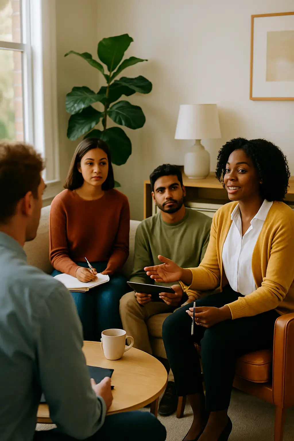 Black female clinical supervisor leading group supervision with diverse counseling interns in a modern therapy office.