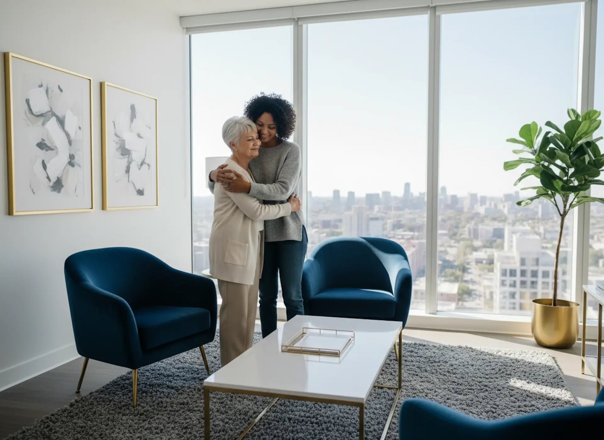 Adult child gently comforting an elderly parent experiencing grief