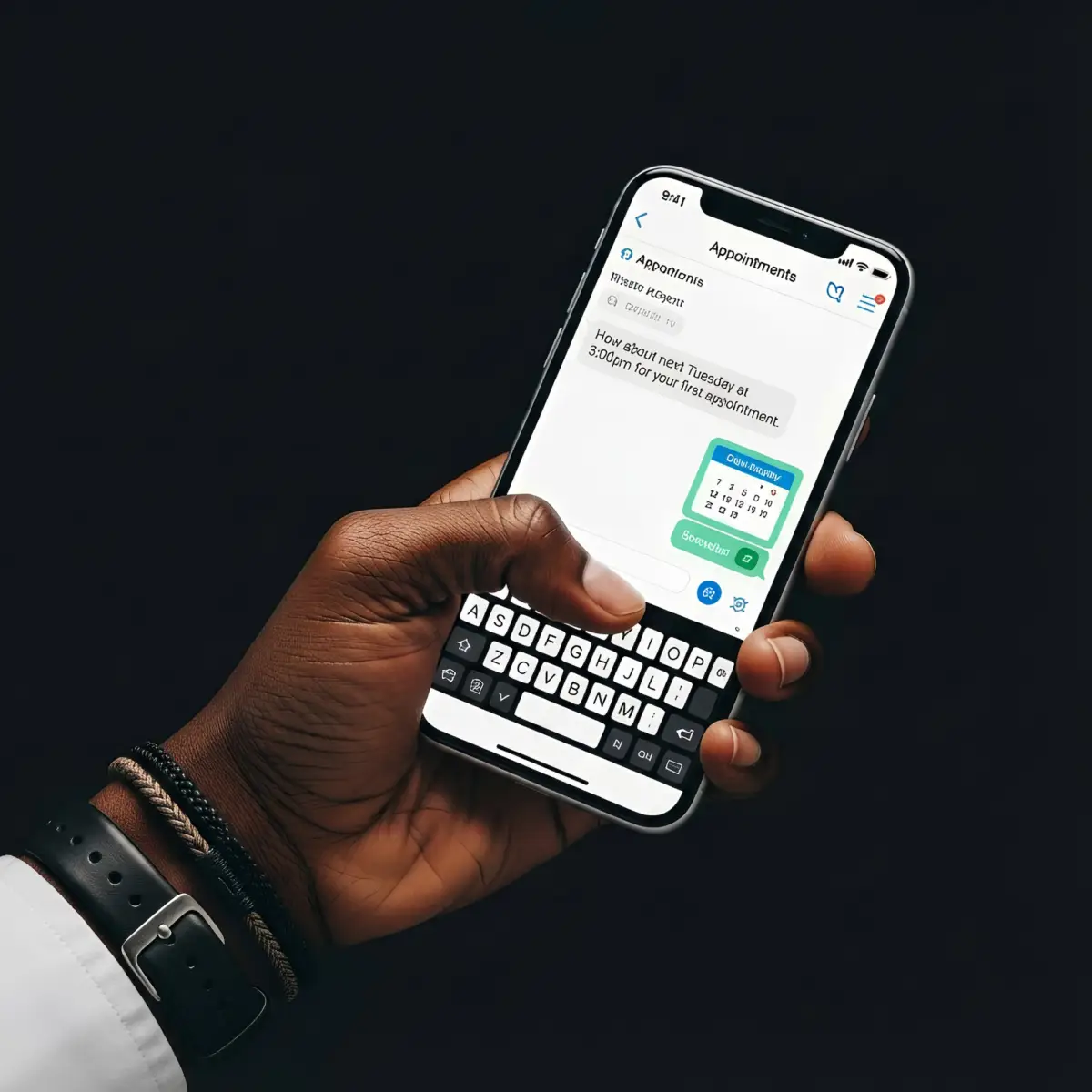 Person using a smartphone to message a therapist and schedule your first therapy session through a secure client portal