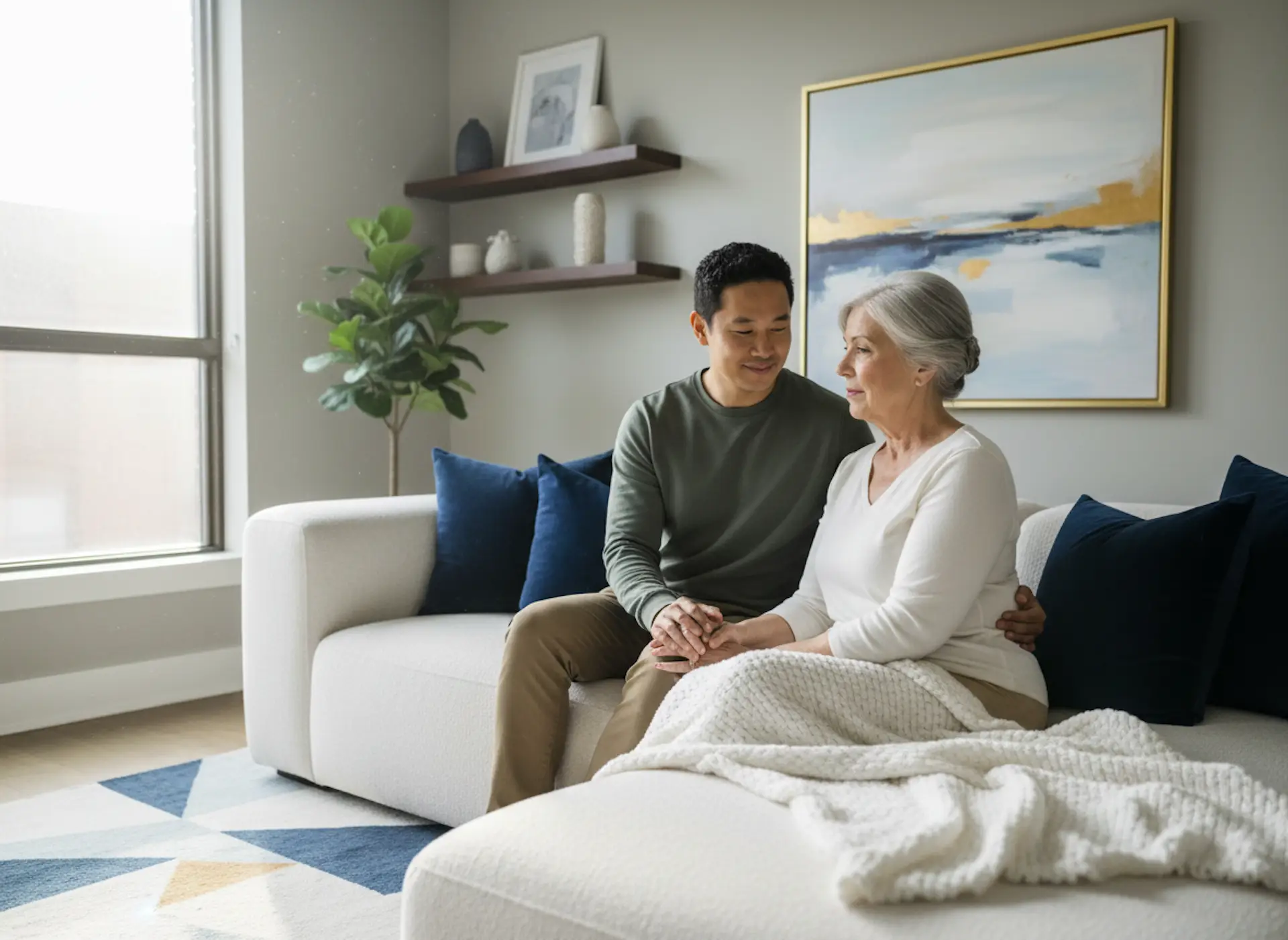 Adult son emotionally supporting his grieving mother