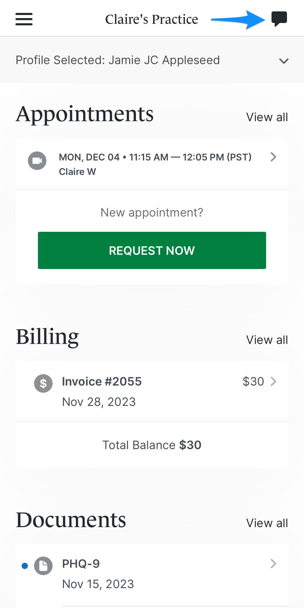 Client portal messaging screen in the SimplePractice app