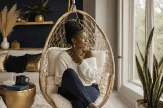Image Alt Text: Woman practicing generational healing through emotional regulation and self-soothing at home.