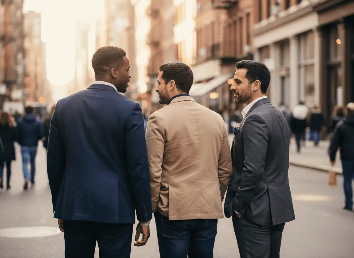 Men connecting on a busy street while building support and accountability