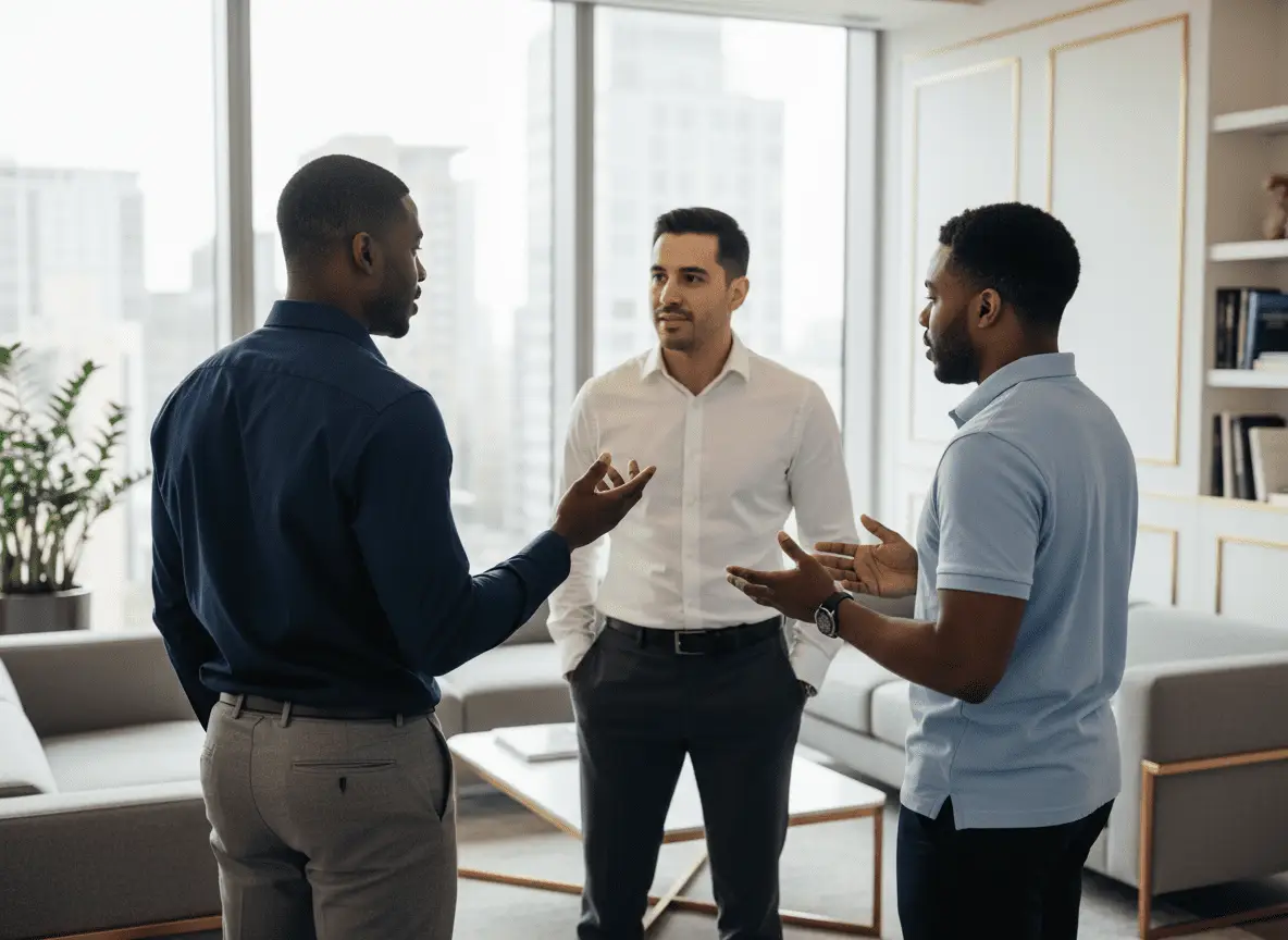 Men connecting in the workplace while discussing pressure, support, and emotional wellness