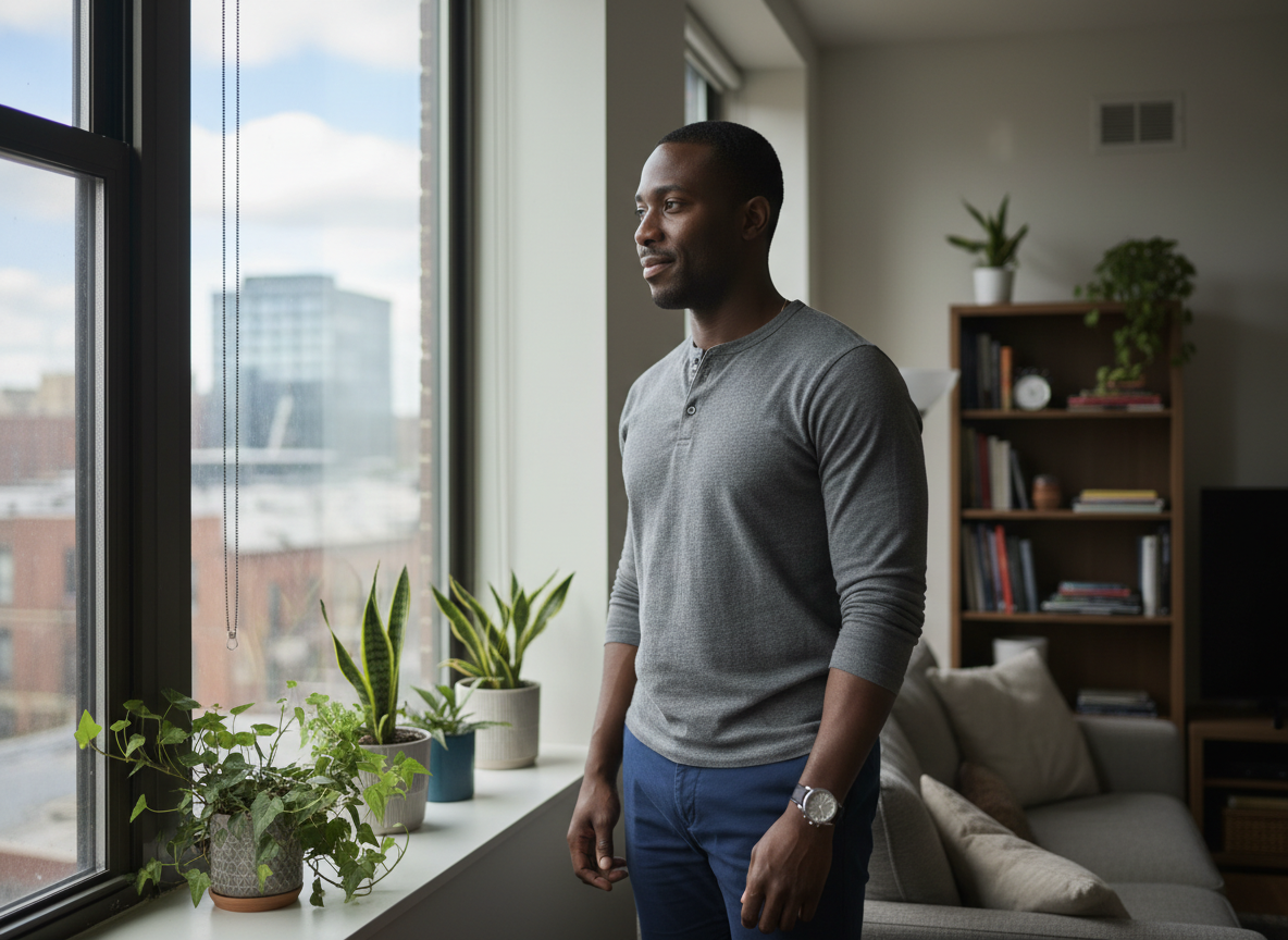 Men's therapy support with a grounded Black man standing by a window