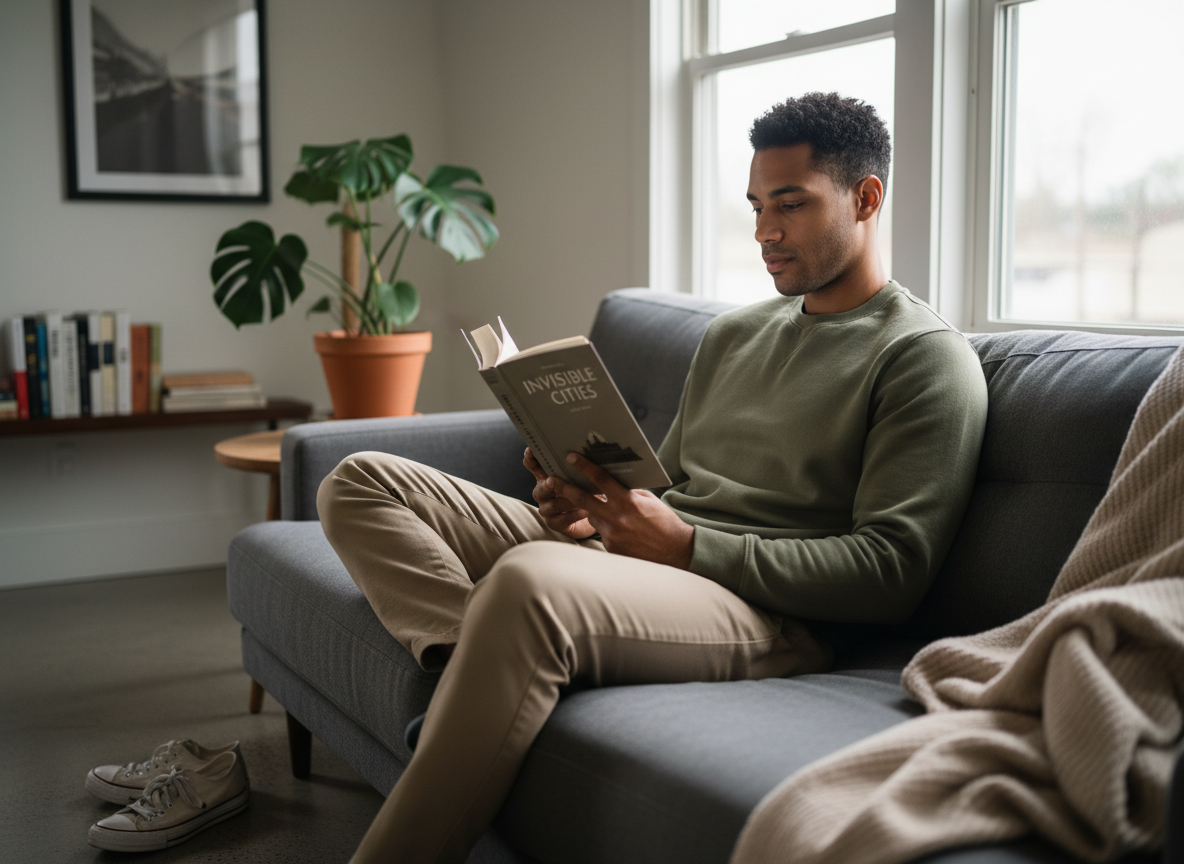 Men's therapy and emotional wellness with a reflective man reading at home