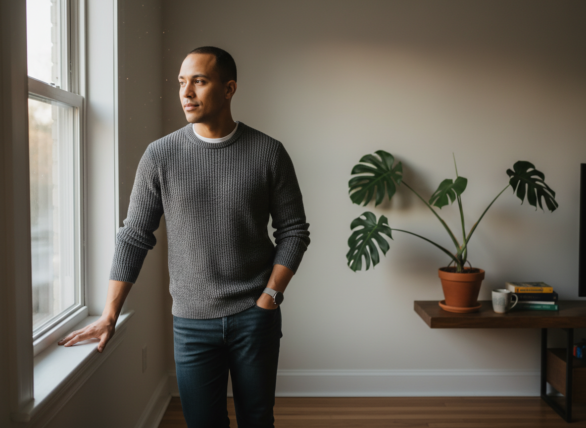 Men's therapy reflection with a caramel skin man resting quietly at home