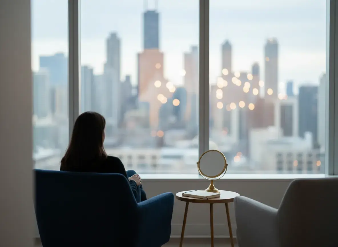 Anonymous therapy office reflection for perfectionism and imposter syndrome support