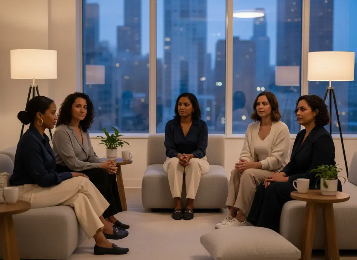 Evening group therapy circle with people gathered for support