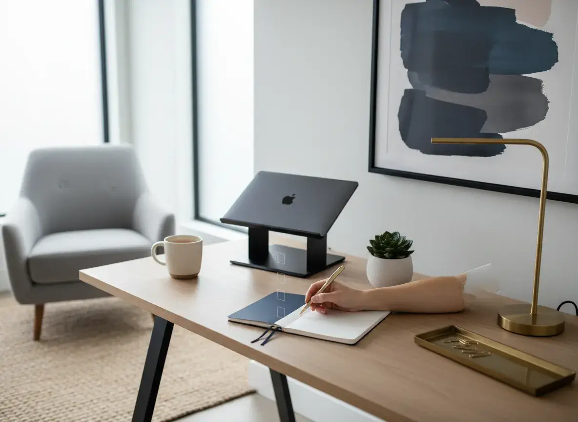 Modern minimalist office desk representing workplace anxiety, overthinking, and imposter syndrome