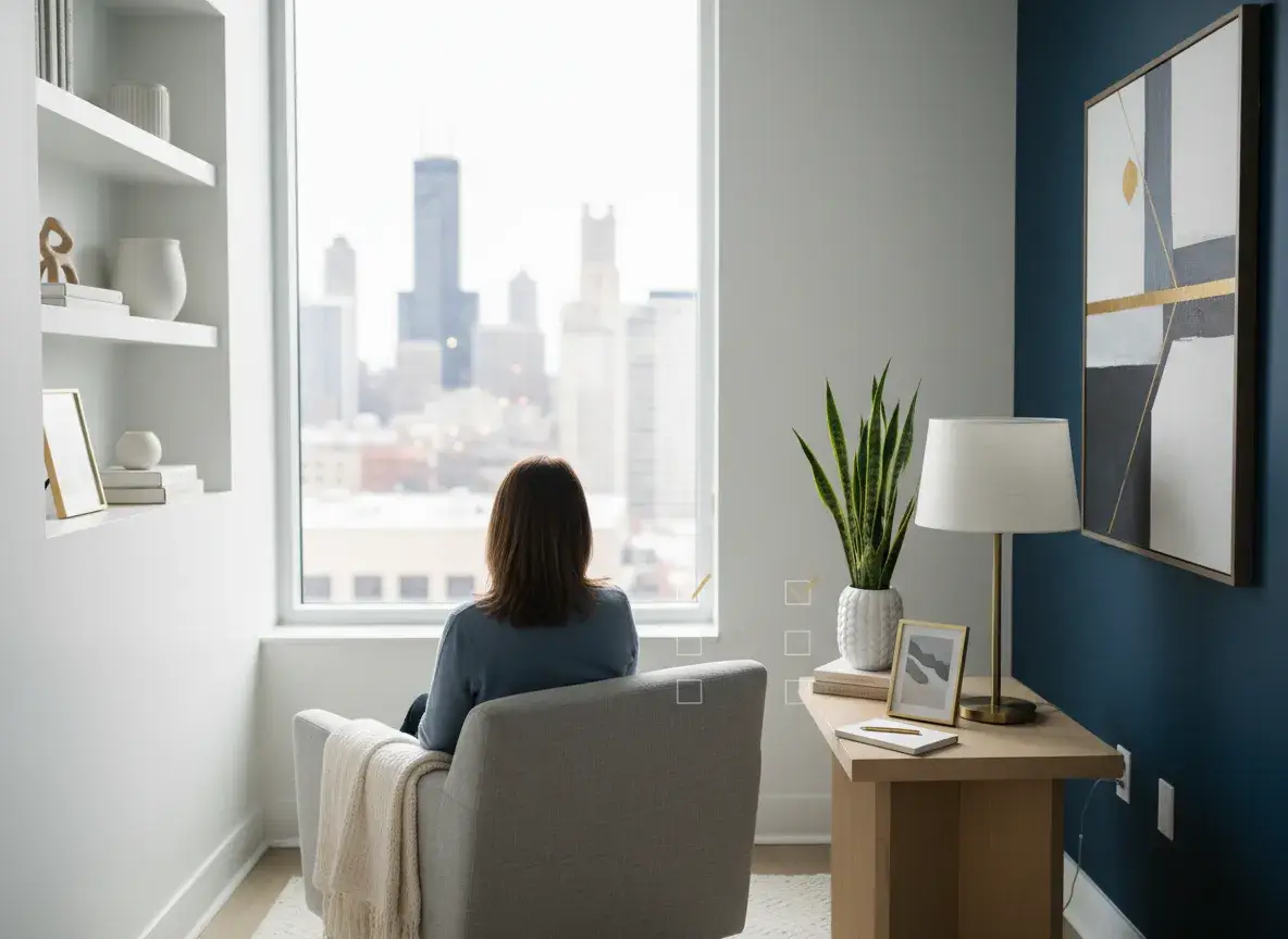 Modern minimalist therapy office for self-doubt, perfectionism, and imposter syndrome support