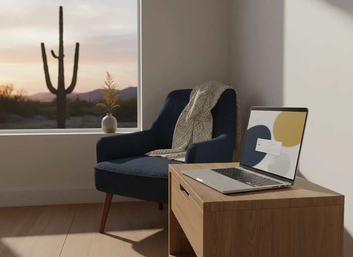 Quiet Arizona bedroom nook prepared for an online therapy appointment