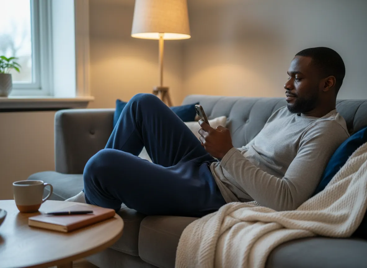 Person lying down and scrolling on a phone while experiencing low energy and emotional exhaustion