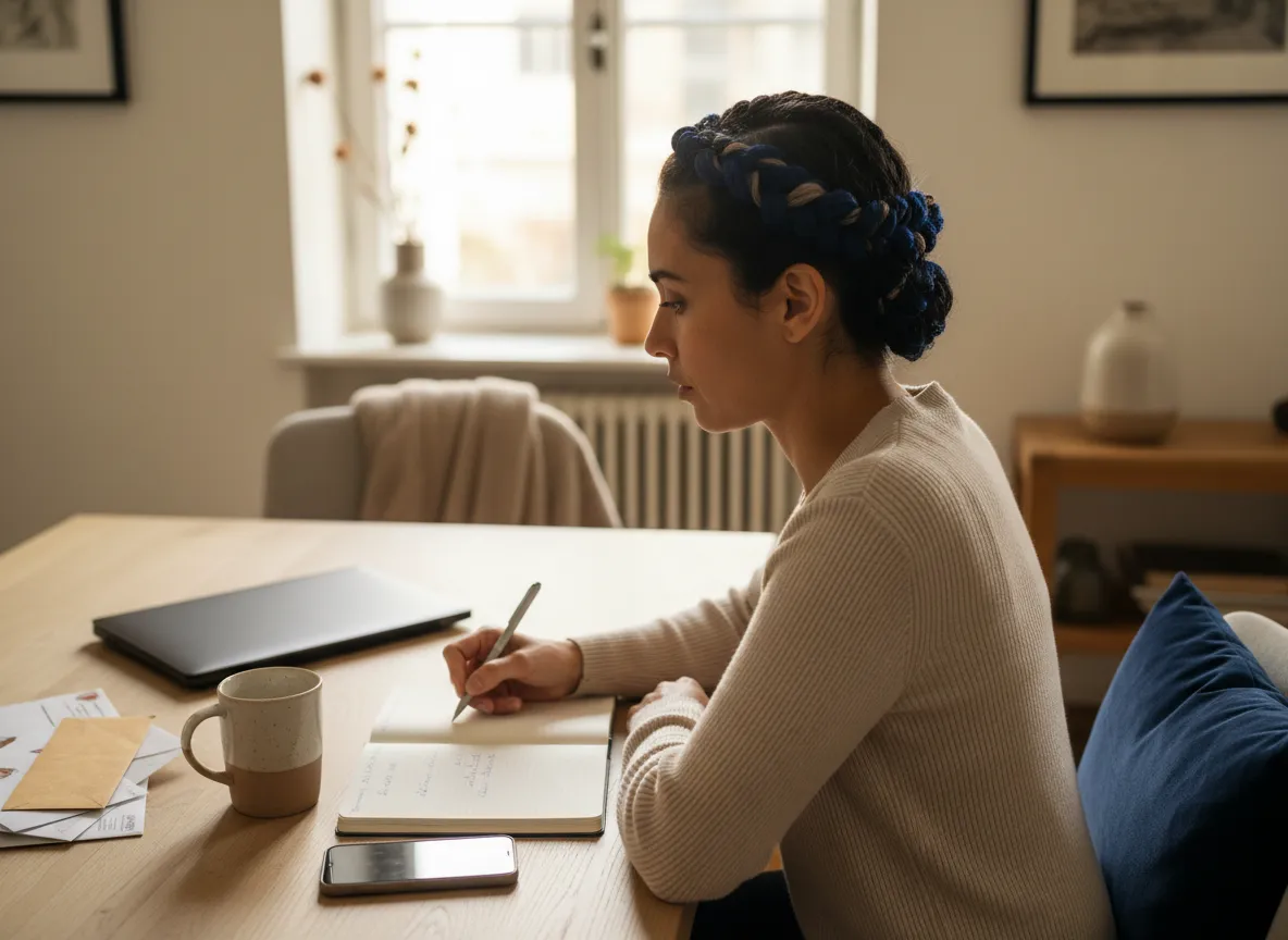Person journaling through a life inventory while processing grief, stress, and major life changes