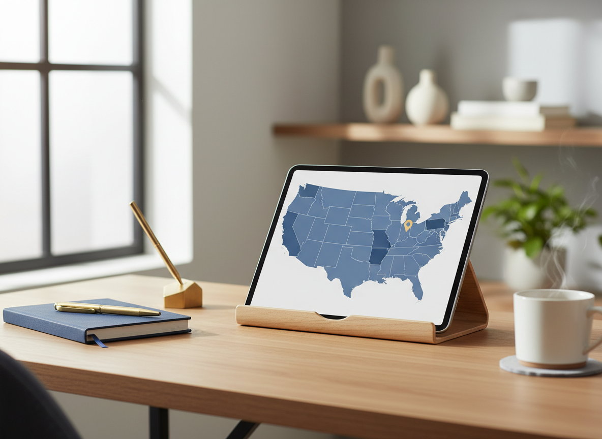 Desk and map scene illustrating JL Family Services multistate therapy access