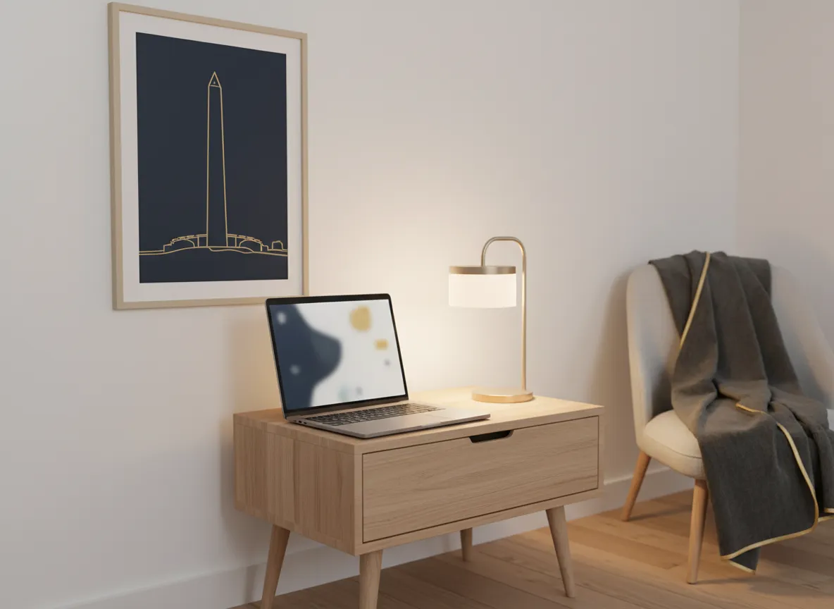 Quiet Washington, D.C. bedroom nook prepared for an online therapy appointment
