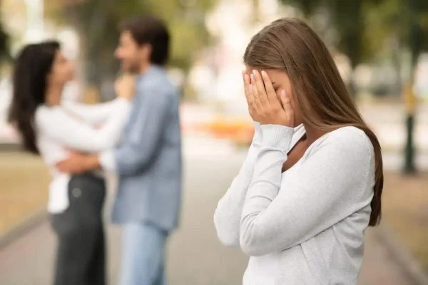 Upset woman crying, seeing her boyfriend with other girl Infidelity